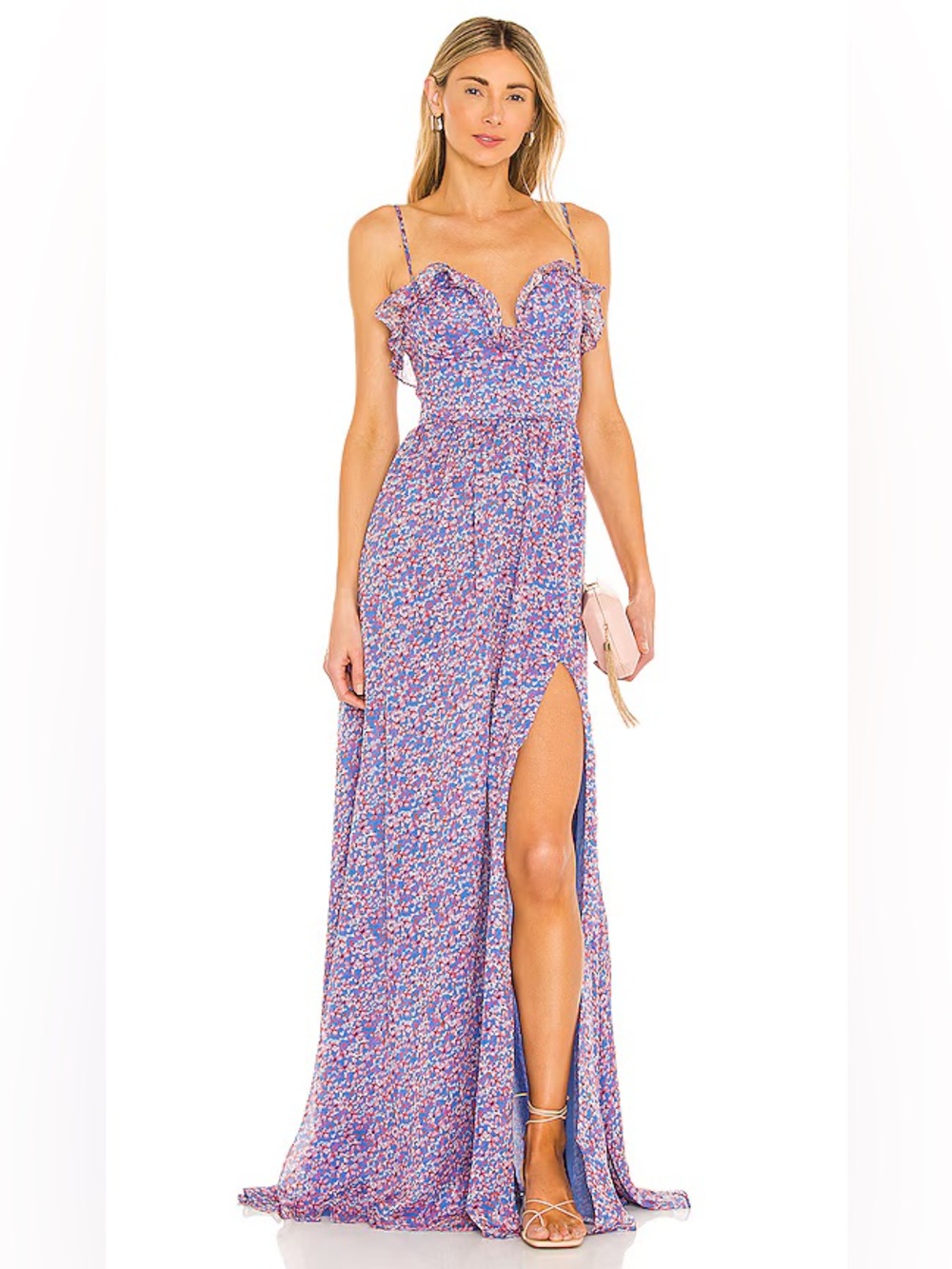 SAU LEE Florence Floral Long Maxi Gown Dress in Blue Multi